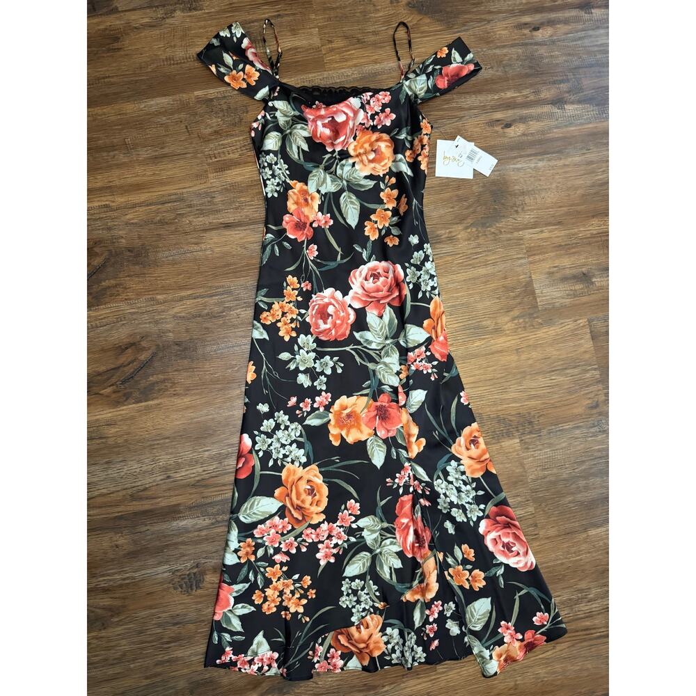 By & By floral black silky slip dress size XS pullover midi Y2k lace cap sleeve